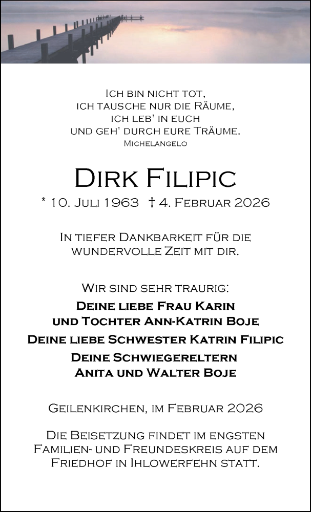  Traueranzeige für Dirk Filipic vom 15.02.2026 aus Zeitung am Sonntag