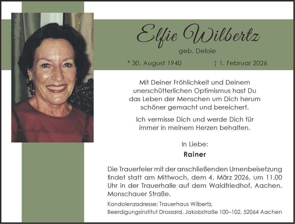  Traueranzeige für Elfie Wilbertz vom 21.02.2026 aus Aachener Zeitung