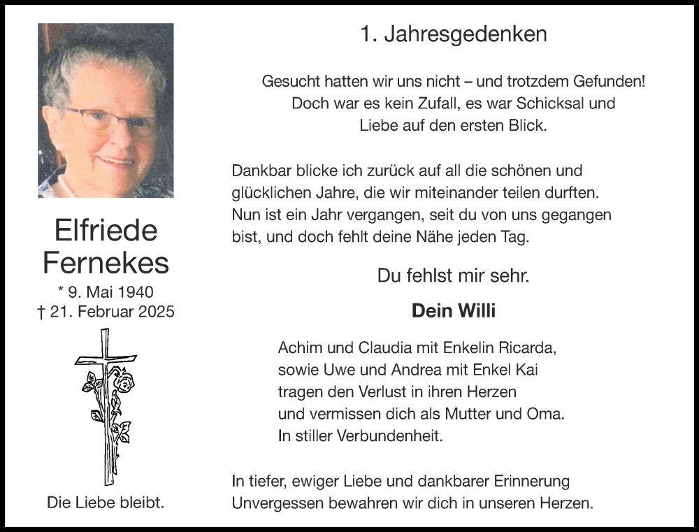  Traueranzeige für Elfriede Fernekes vom 21.02.2026 aus Aachener Zeitung