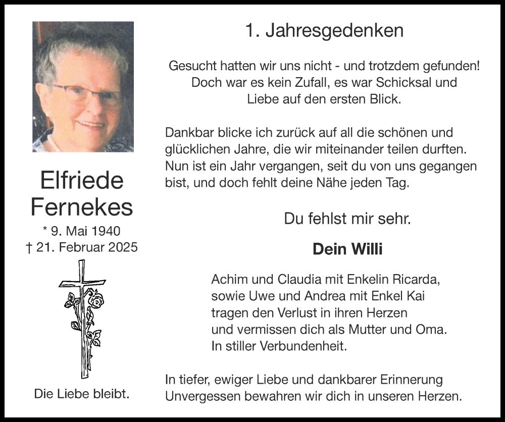  Traueranzeige für Elfriede Fernekes vom 22.02.2026 aus Zeitung am Sonntag