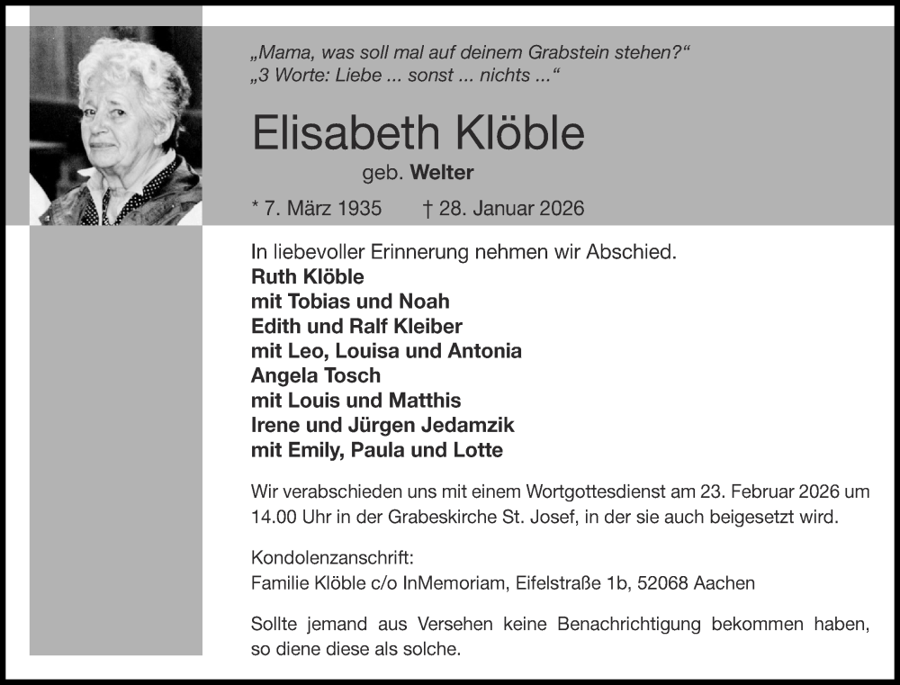  Traueranzeige für Elisabeth Klöble vom 07.02.2026 aus Aachener Zeitung