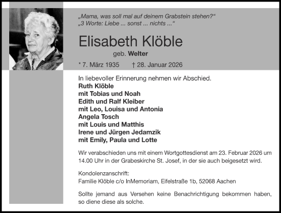 Traueranzeige von Elisabeth Klöble von Aachener Zeitung