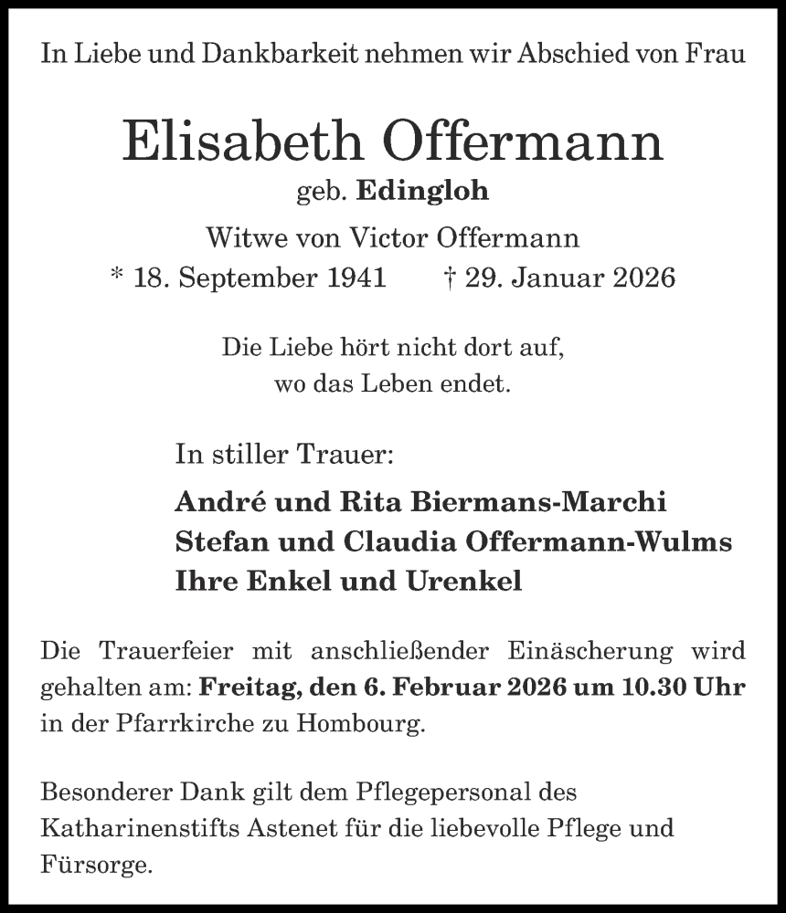  Traueranzeige für Elisabeth Offermann vom 05.02.2026 aus Aachener Zeitung
