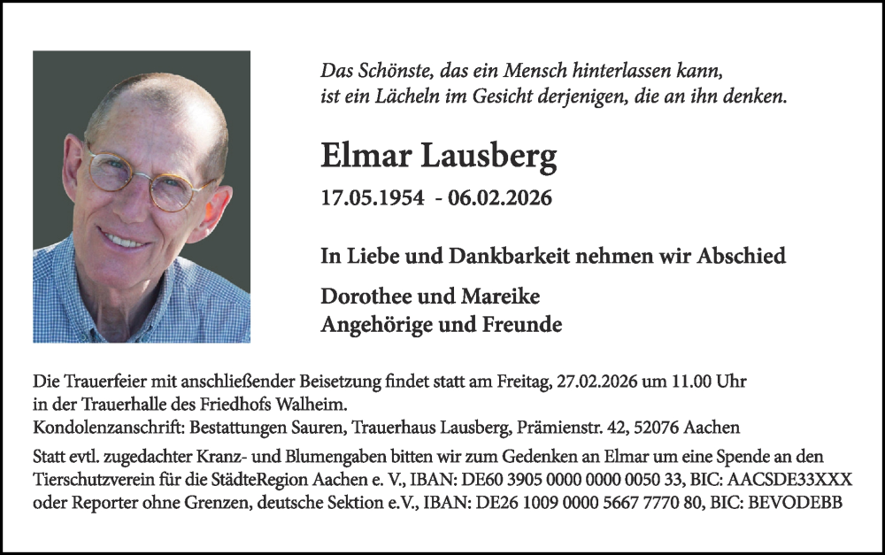  Traueranzeige für Elmar Lausberg vom 22.02.2026 aus Zeitung am Sonntag