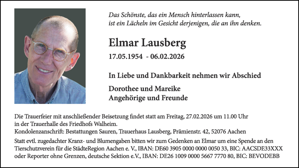  Traueranzeige für Elmar Lausberg vom 21.02.2026 aus Aachener Zeitung