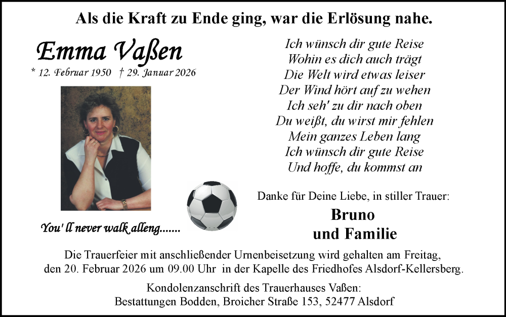  Traueranzeige für Emma Vaßen vom 15.02.2026 aus Zeitung am Sonntag