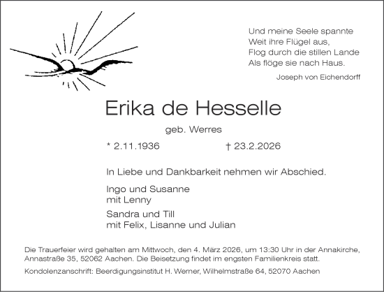 Traueranzeige von Erika de Hesselle von Aachener Zeitung