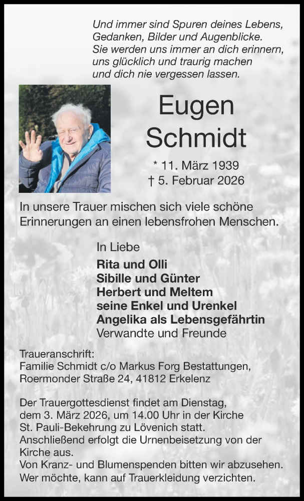  Traueranzeige für Eugen Schmidt vom 22.02.2026 aus Zeitung am Sonntag