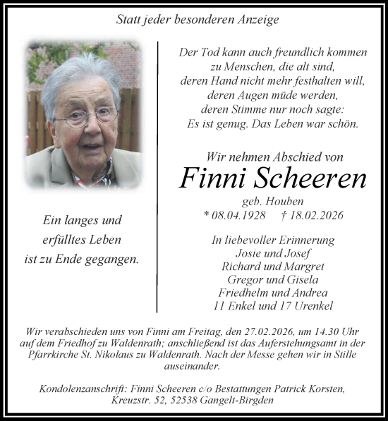 Traueranzeige von Finni Scheeren von Zeitung am Sonntag