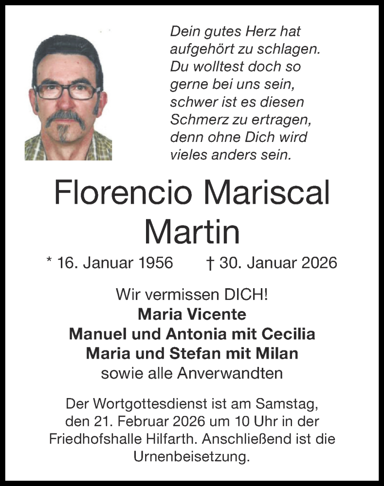  Traueranzeige für Florencio Mariscal Martin vom 15.02.2026 aus Zeitung am Sonntag