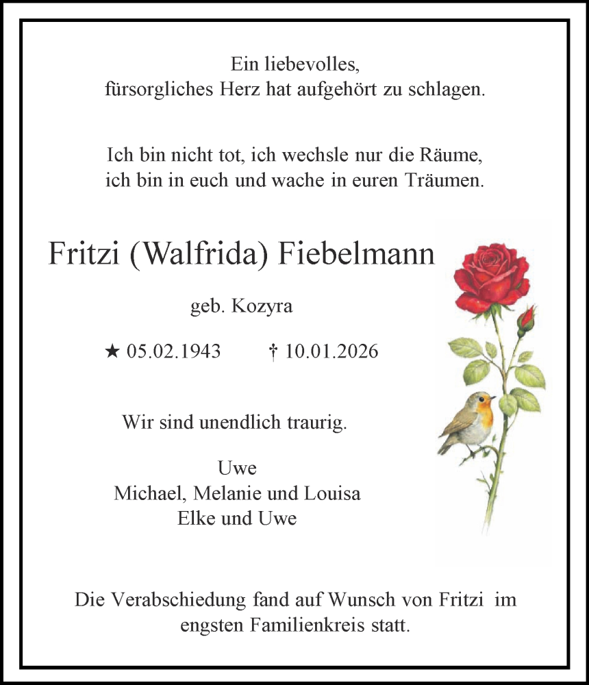  Traueranzeige für Fritzi Fiebelmann vom 14.02.2026 aus Aachener Zeitung