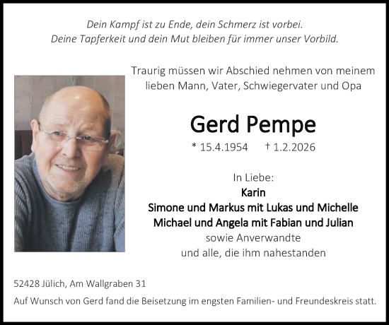Traueranzeige von Gerd Pempe von Zeitung am Sonntag
