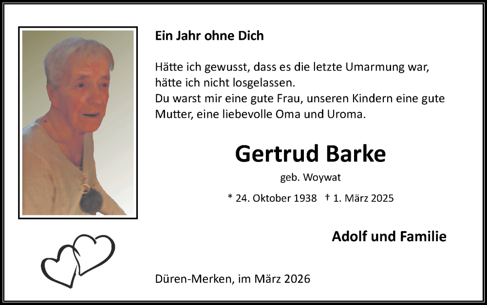  Traueranzeige für Gertrud Barke vom 01.03.2026 aus Zeitung am Sonntag