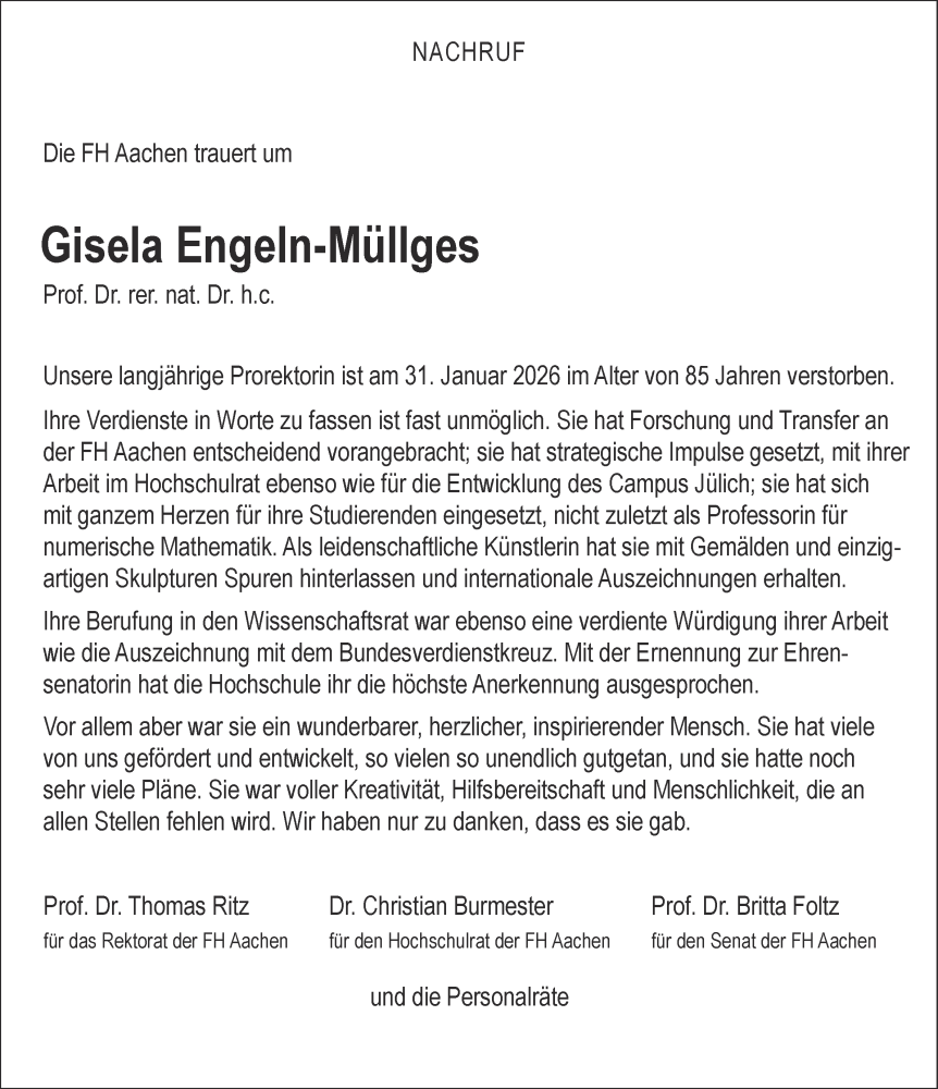  Traueranzeige für Gisela Engeln-Müllges vom 07.02.2026 aus Aachener Zeitung