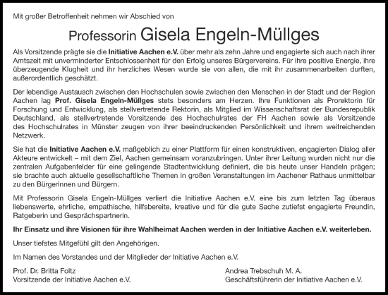 Traueranzeige von Gisela Engeln-Müllges von Aachener Zeitung
