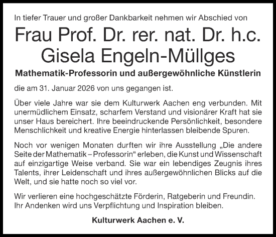 Traueranzeige von Gisela Engeln-Müllges von Aachener Zeitung