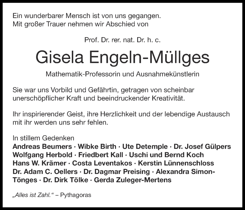 Traueranzeige für Gisela Engeln-Müllges vom 14.02.2026 aus Aachener Zeitung