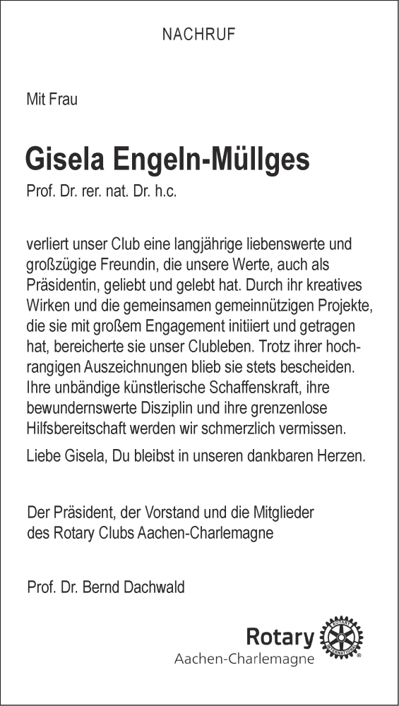  Traueranzeige für Gisela Engeln-Müllges vom 07.02.2026 aus Aachener Zeitung