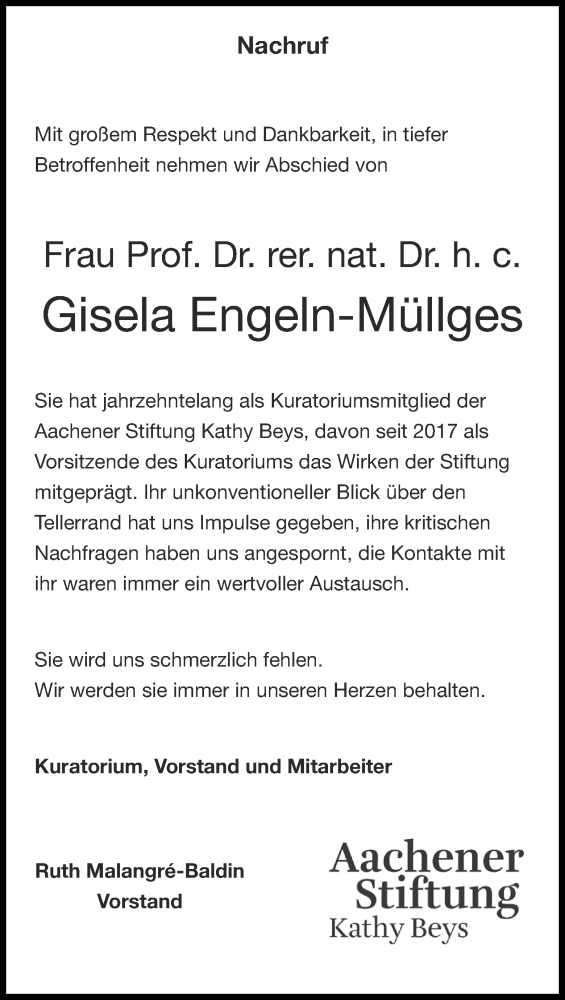  Traueranzeige für Gisela Engeln-Müllges vom 07.02.2026 aus Aachener Zeitung