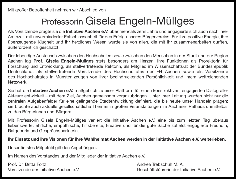  Traueranzeige für Gisela Engeln-Müllges vom 07.02.2026 aus Aachener Zeitung
