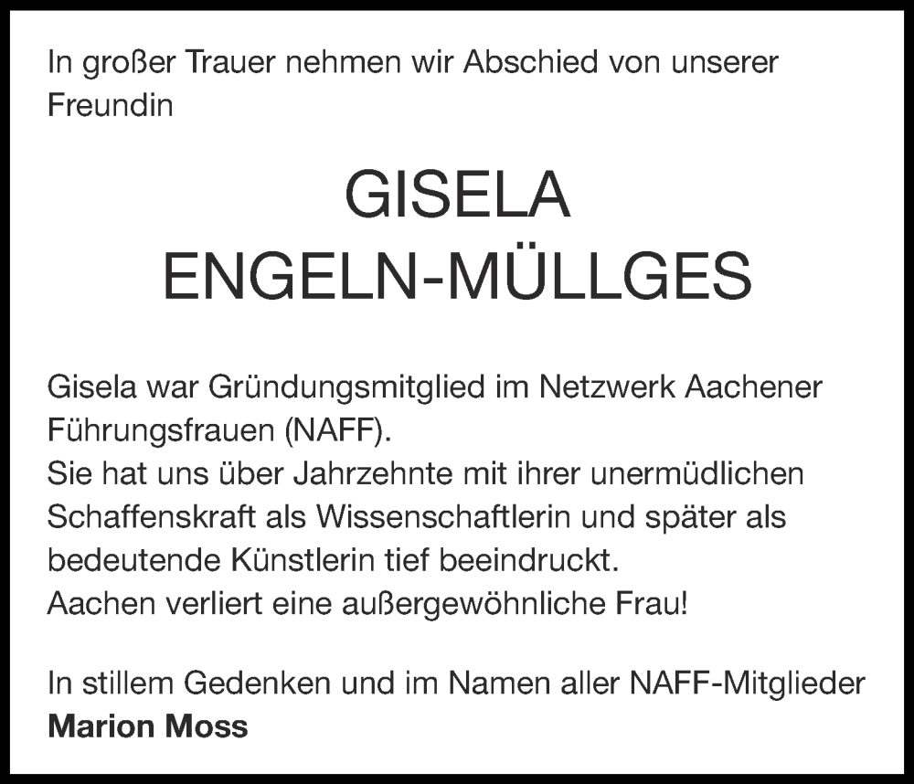  Traueranzeige für Gisela Engeln-Müllges vom 07.02.2026 aus Aachener Zeitung