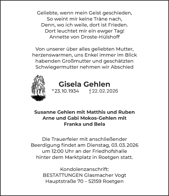 Traueranzeige von Gisela Gehlen von Aachener Zeitung