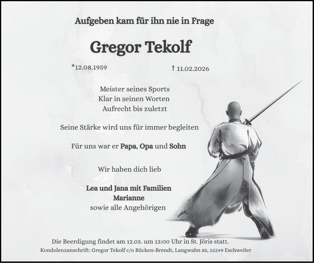  Traueranzeige für Gregor Tekolf vom 01.03.2026 aus Zeitung am Sonntag