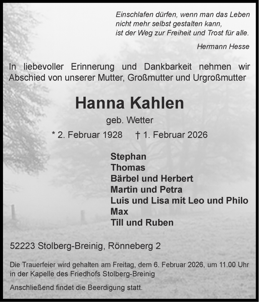  Traueranzeige für Hanna Kahlen vom 04.02.2026 aus Aachener Zeitung