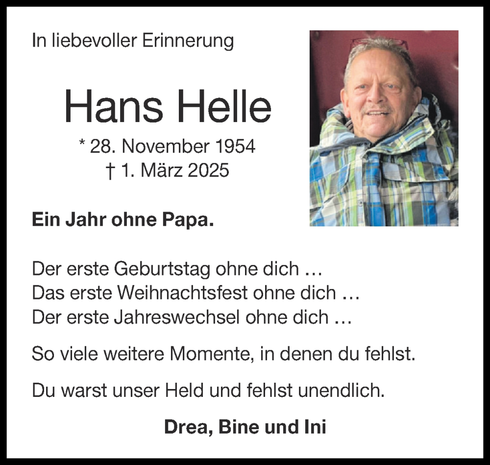  Traueranzeige für Hans Helle vom 01.03.2026 aus Zeitung am Sonntag