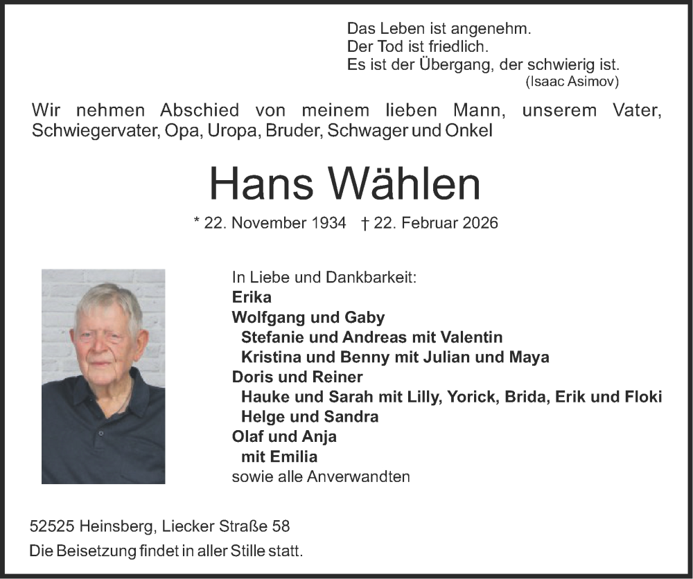  Traueranzeige für Hans Wählen vom 01.03.2026 aus Zeitung am Sonntag