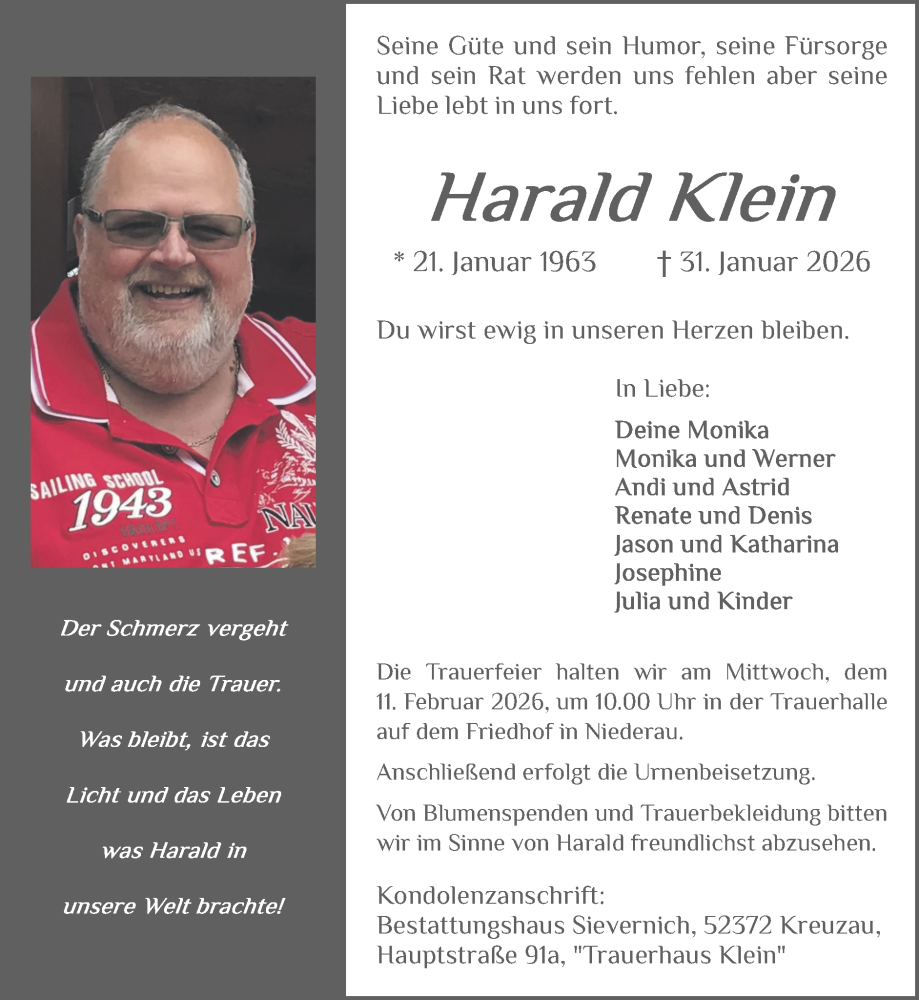  Traueranzeige für Harald Klein vom 08.02.2026 aus Zeitung am Sonntag