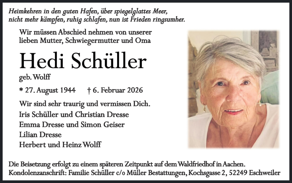  Traueranzeige für Hedi Schüller vom 22.02.2026 aus Zeitung am Sonntag