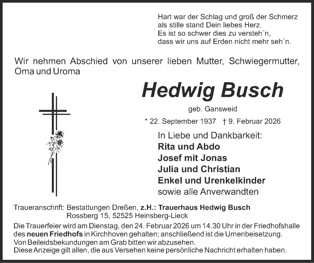  Traueranzeige für Hedwig Busch vom 15.02.2026 aus Zeitung am Sonntag