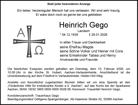 Traueranzeige von Heinrich Gego von Aachener Zeitung