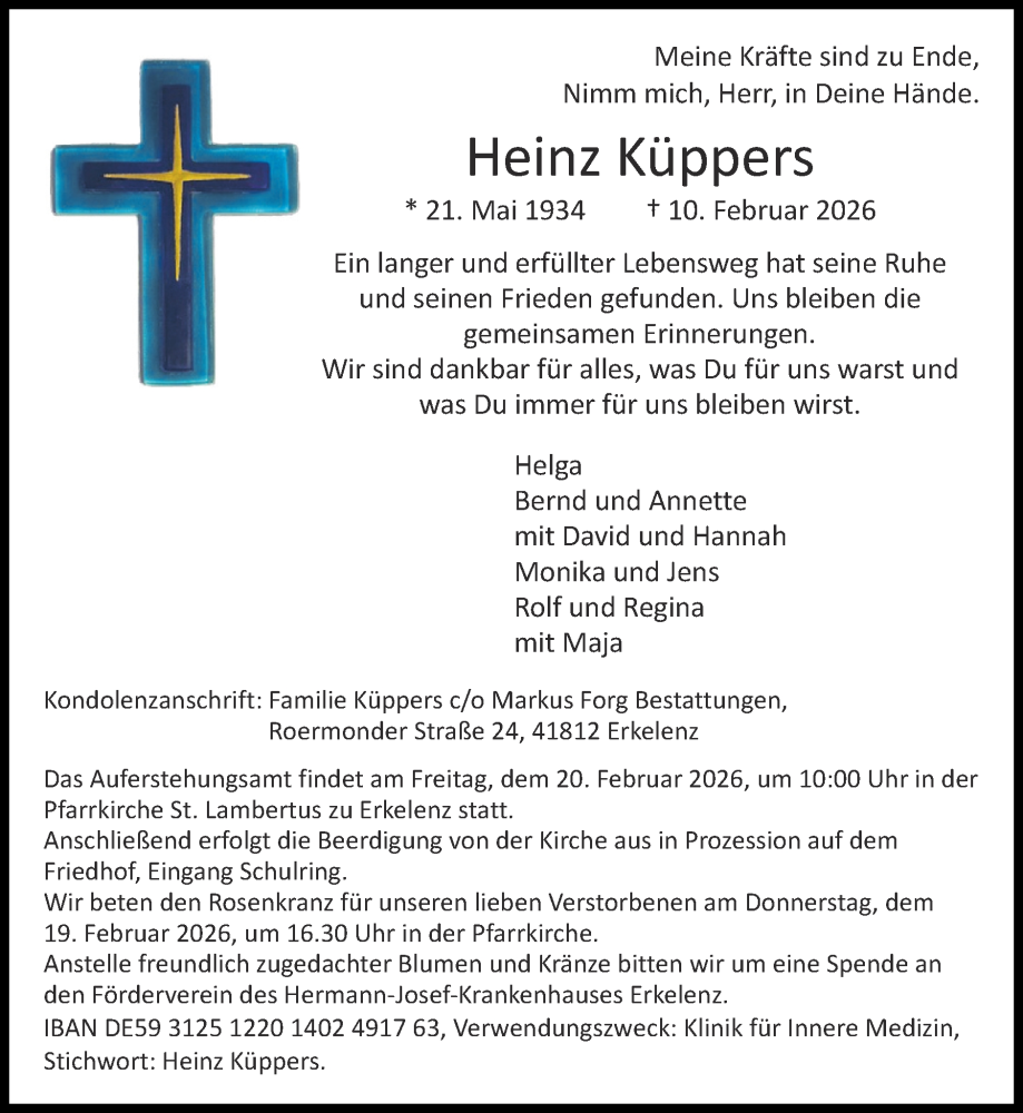  Traueranzeige für Heinz Küppers vom 15.02.2026 aus Zeitung am Sonntag