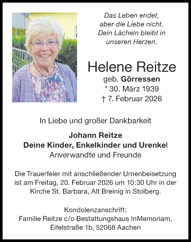  Traueranzeige für Helene Reitze vom 15.02.2026 aus Zeitung am Sonntag