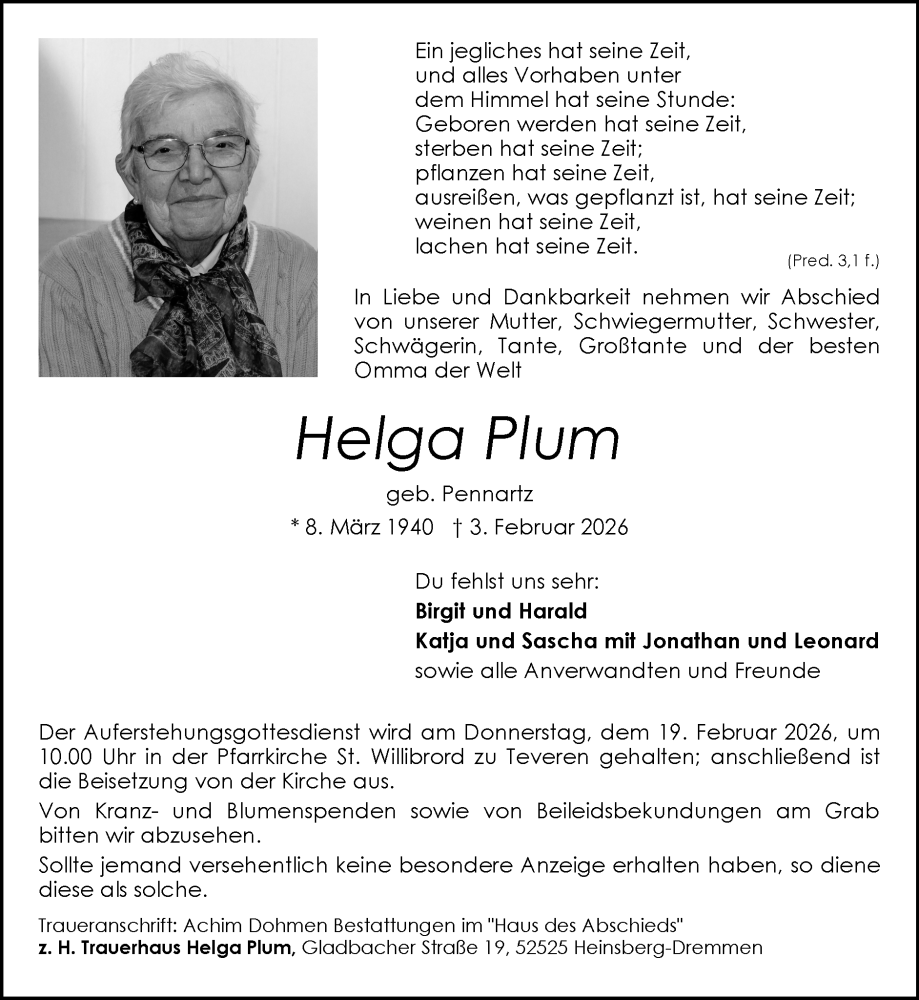  Traueranzeige für Helga Plum vom 08.02.2026 aus Zeitung am Sonntag