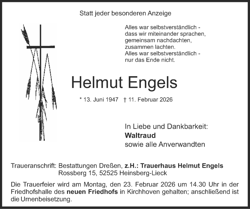  Traueranzeige für Helmut Engels vom 15.02.2026 aus Zeitung am Sonntag