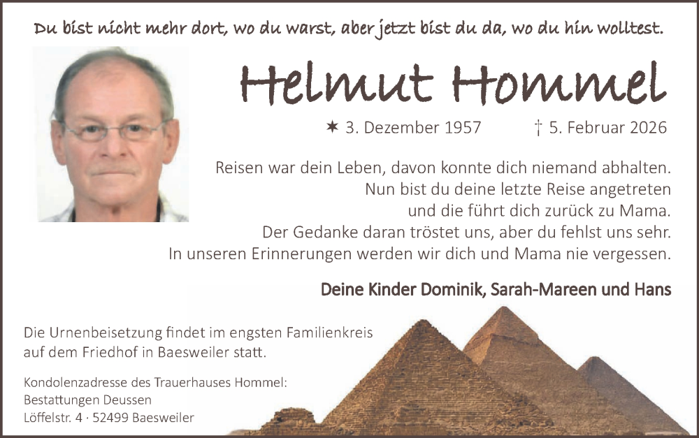  Traueranzeige für Helmut Hommel vom 15.02.2026 aus Zeitung am Sonntag