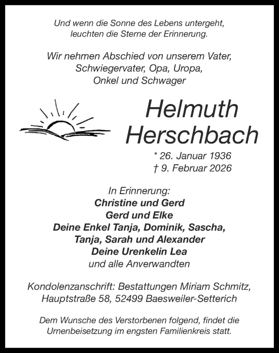 Traueranzeige von Helmuth Herschbach von Zeitung am Sonntag