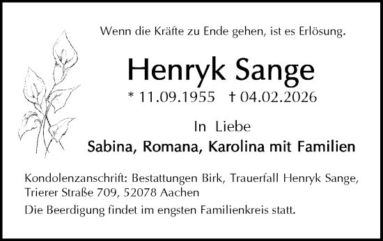 Traueranzeige von Henryk Sange von Zeitung am Sonntag