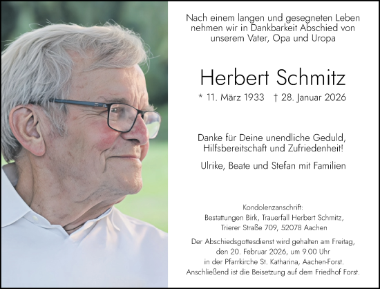 Traueranzeige von Herbert Schmitz von Aachener Zeitung