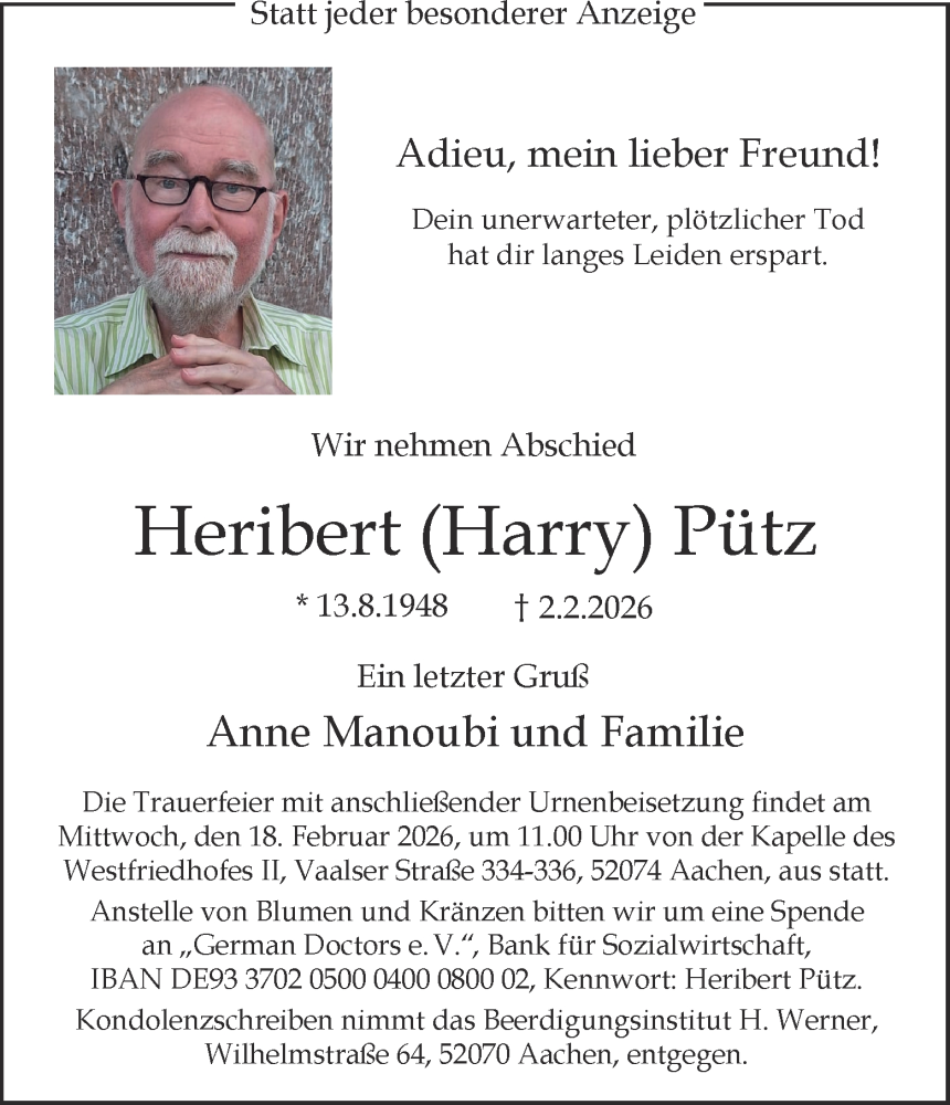  Traueranzeige für Heribert Pütz vom 14.02.2026 aus Aachener Zeitung
