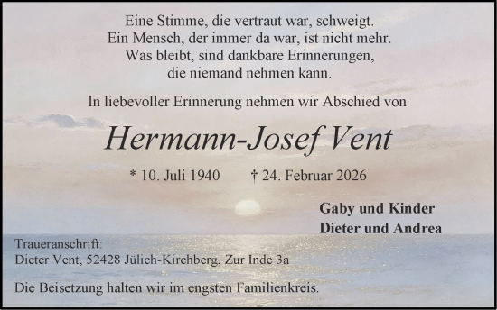 Traueranzeige von Hermann-Josef Vent von Zeitung am Sonntag