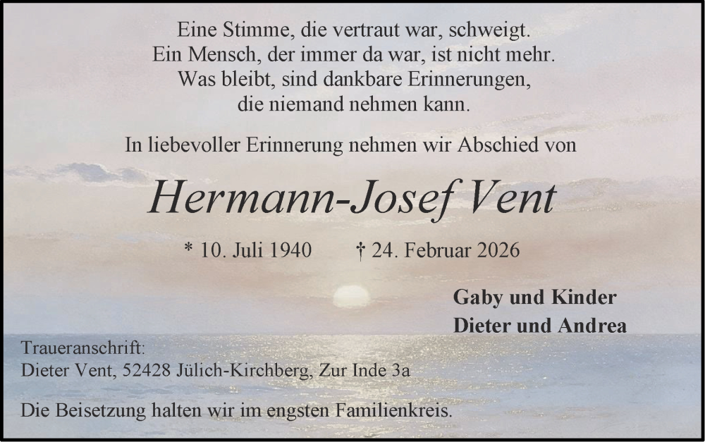  Traueranzeige für Hermann-Josef Vent vom 01.03.2026 aus Zeitung am Sonntag