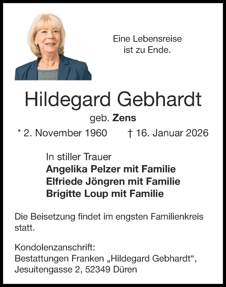  Traueranzeige für Hildegard Gebhardt vom 15.02.2026 aus Zeitung am Sonntag