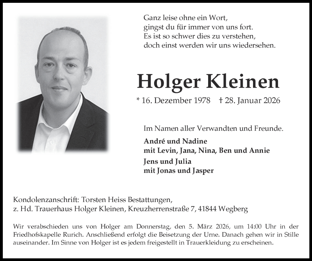  Traueranzeige für Holger Kleinen vom 22.02.2026 aus Zeitung am Sonntag