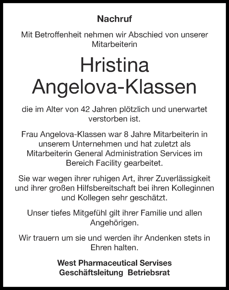  Traueranzeige für Hristina Angelova-Klassen vom 08.02.2026 aus Zeitung am Sonntag