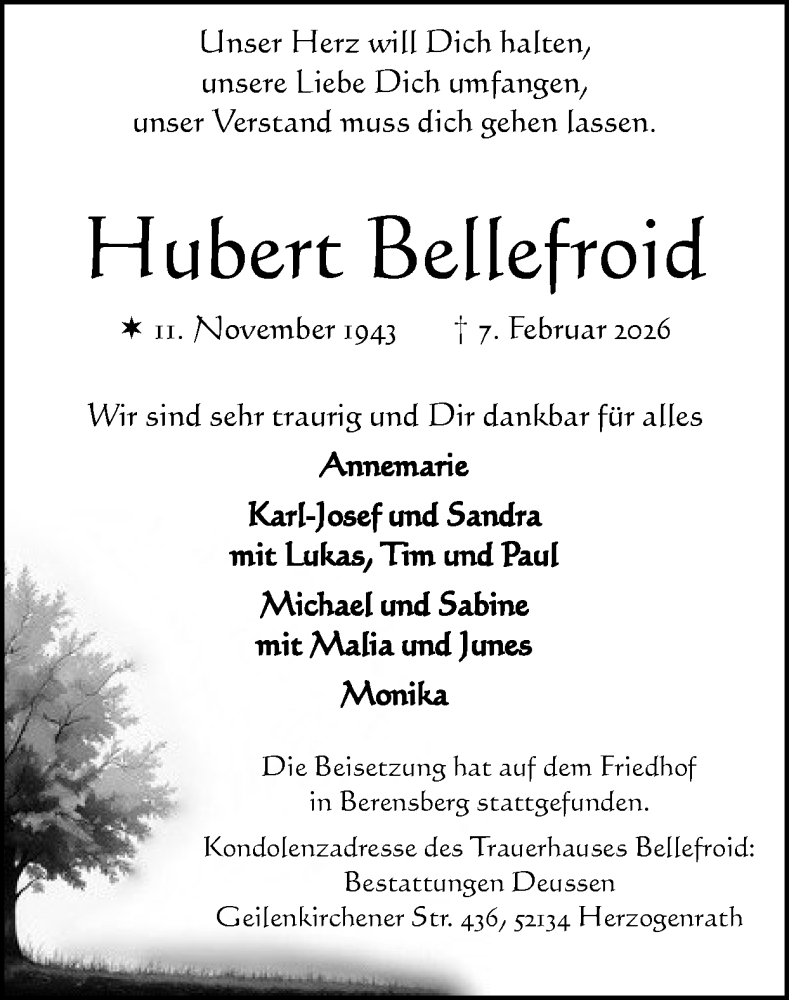  Traueranzeige für Hubert Bellefroid vom 15.02.2026 aus Zeitung am Sonntag