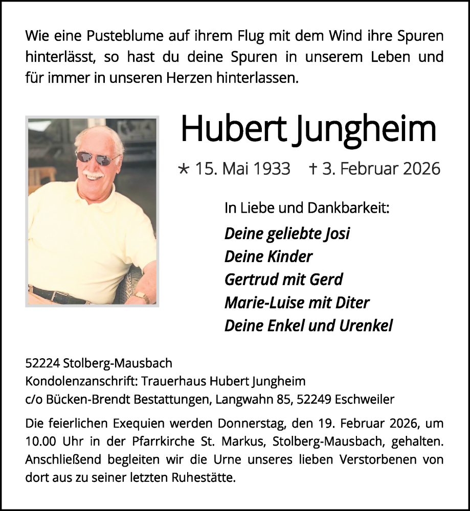  Traueranzeige für Hubert Jungheim vom 08.02.2026 aus Zeitung am Sonntag